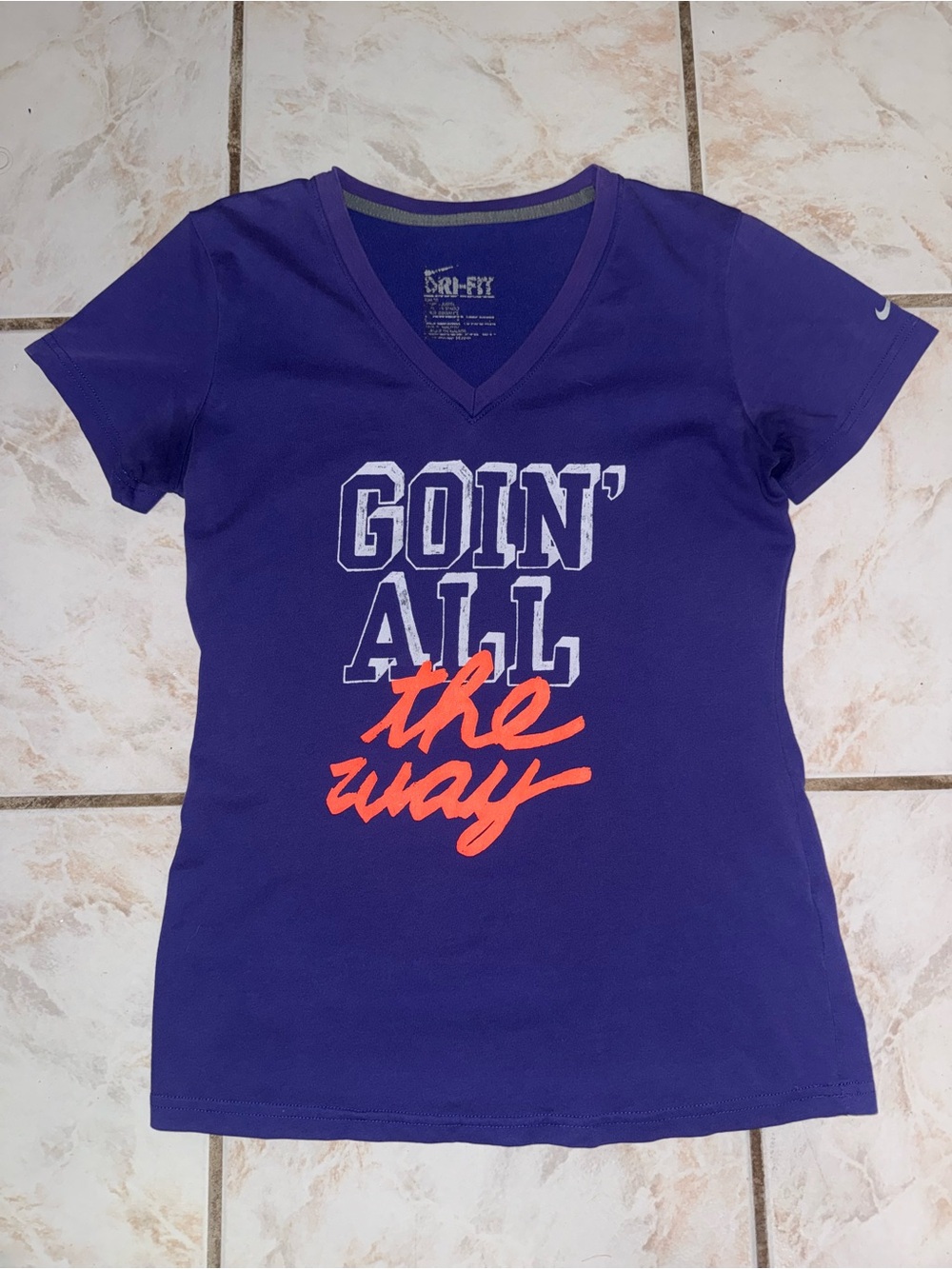 Nike Purple V‑Neck Short Sleeve Tee with Orange Script Graphic